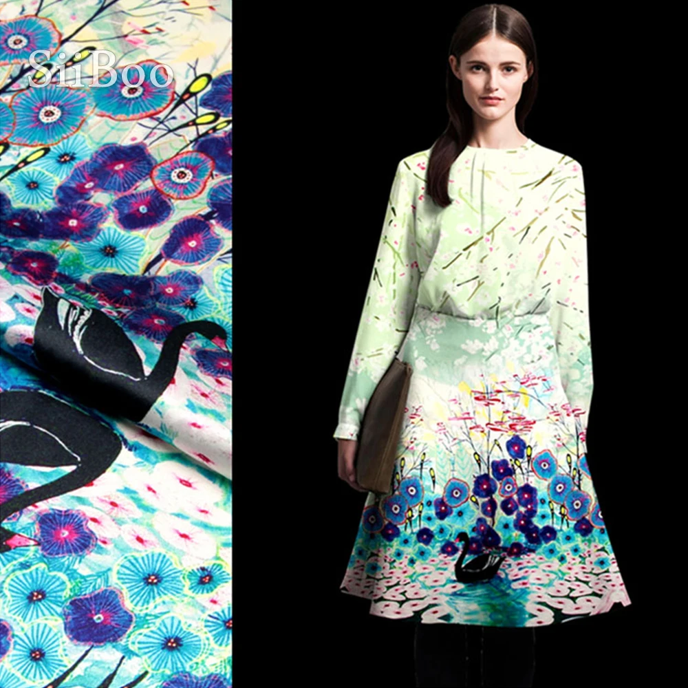 Роскошный Лебедь цветочный позиционирование печати спандекс шелковая ткань для