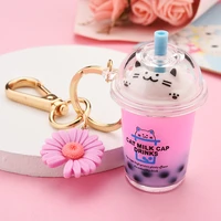 cute creative milk tea cup cat keychain keys pendant quicksand acrylic drift bottle cat long key chain for girl bag keyring gift