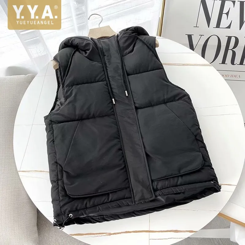 

Harajuku Winter Thick Warm Women Vest Zipper Casual Outerwear Solid Color Hooded Sleeveless Jacket Streetwear Female Waistcoat