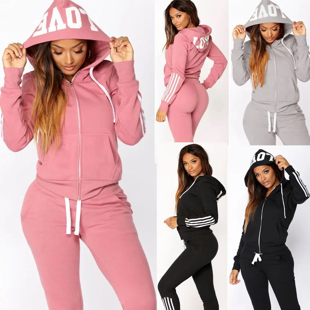 

Two-piece Suit Women's Women's Sportswear Suit Harajuku Clothes Love Letter Hooded Sweater Zipper Hooded Pants Casual