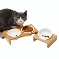 fashion cat dog feeders double bowl bamboo ceramic tableware pet food water dish tray high grade anti skid easy to clean
