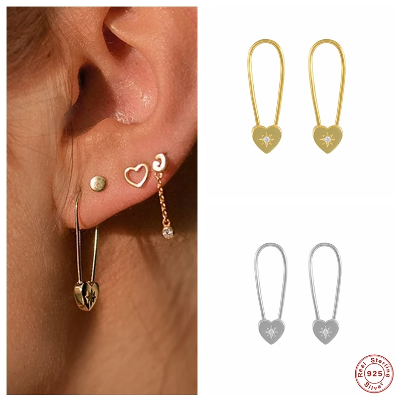

Aide 925 Sterling Silver Cute Unique Design Heart Lock Safety Pin Shape Hoop Earrings Jewels For Women Valentine's gift for her
