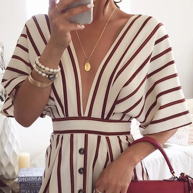 

2020 spring and summer v-neck woman dresseschic and American style striped short sleeve empire casual female mini dresses