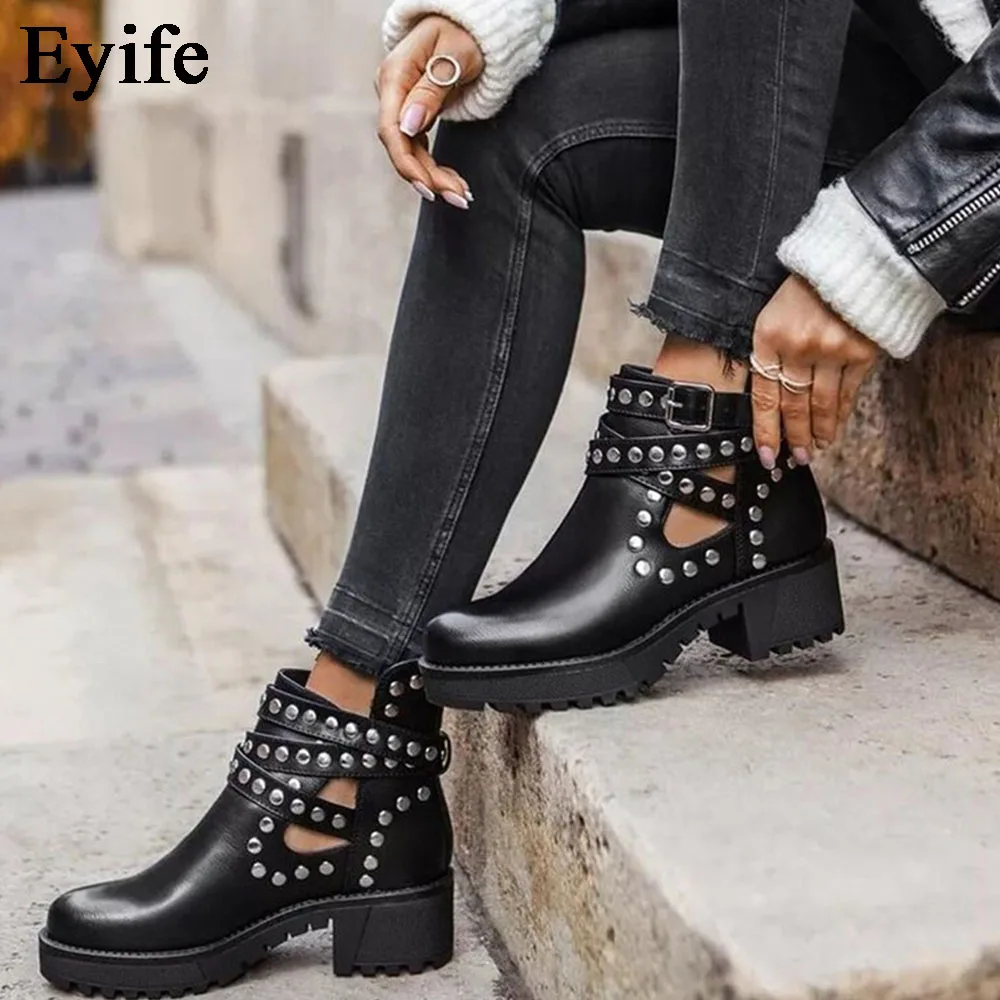 

Женские мотоциклетные ботинки с заклепками, ботильоны на платформе и массивном каблуке, с круглым носком, Размеры 35-43, осень 2021