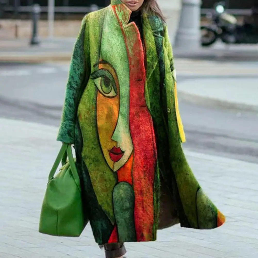 

Женское шерстяное пальто на пуговицах, пальто с длинным рукавом и цветочным принтом, осеннее пальто с карманами и откидной крышкой, верхняя ...