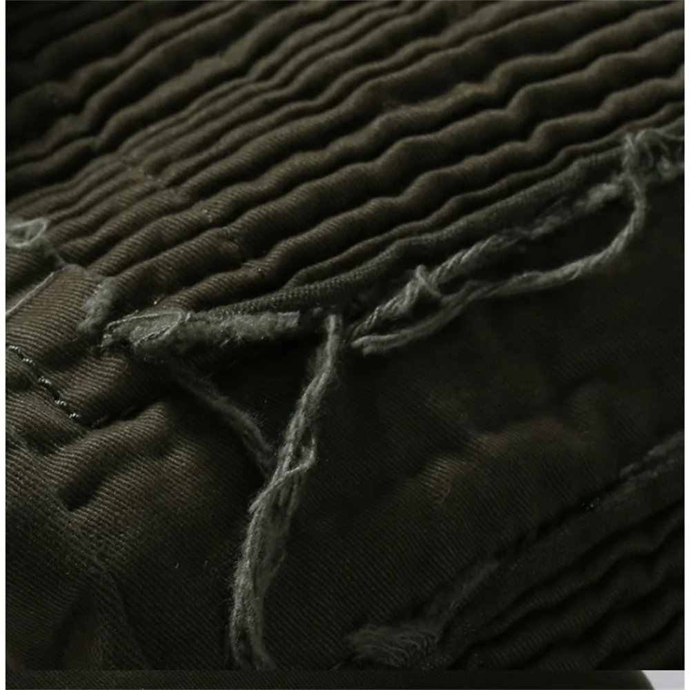 Summer  Army Green Stiletto Jeans Men's Ripped Holes Wrinkled Wave Stripes Decorated High Stretch Pants Slim Locomotive Frayed