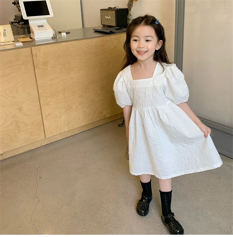 

2021 New Year For Toddler Girls Princess Dress Cute Square Neck Short Puff Sleeve Solid Color Sweet Loose Swing White Dresses