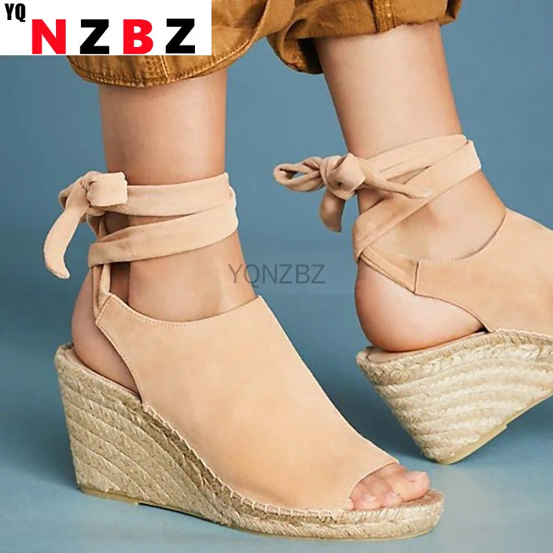

Women Wedges Sandals Ankle Strap Peep Toe Shoes Solid Woven Sole High Heel Flock Lace Up Casual Footwear Ladies Summer