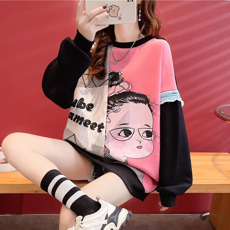 

#5664 Winter Hoodies Sweatshirts Women Loose Cartoon Printed Hoodie Woman Spliced Color Fleece Hoodies Warm Thick Korean Style