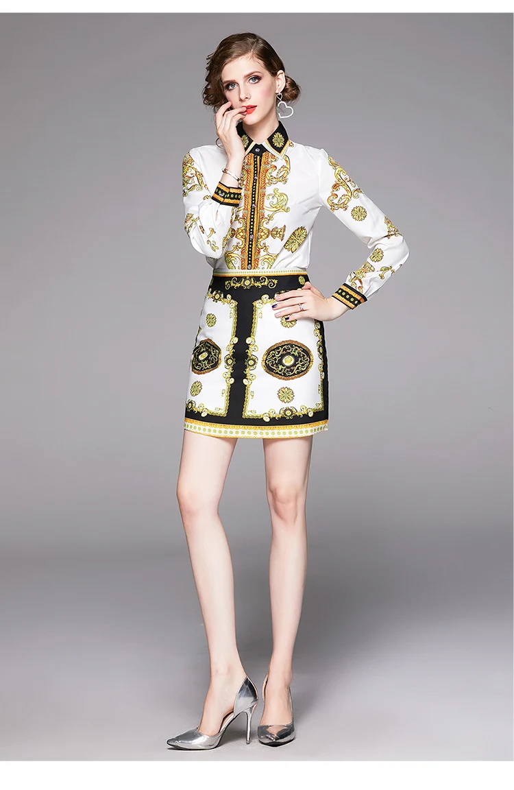 Autumn Fashion Runway Golden Printed Suits Set Women's Long Sleeve Blouse Shirt + Elegant High Waist Mini Skirt Two Pieces | Женская
