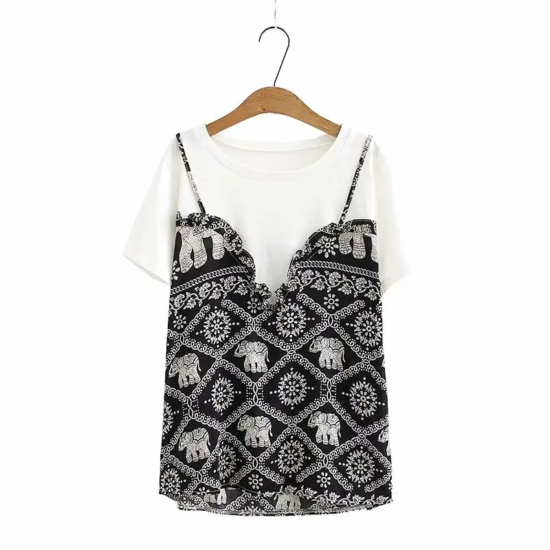 

Plus Size T shirt Women Fake Two-piece Print Fashion 2020 Summer New Harajuku T shirts Femme Casual Loose Basic Tops Tees