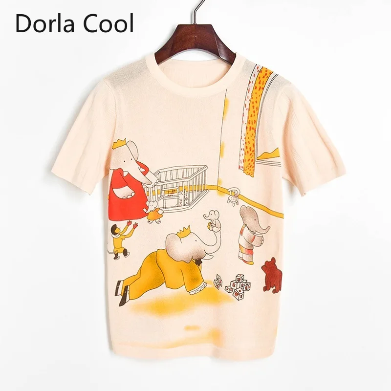 

Модный трендовый дизайнерский женский свитер с изображением слона из мультфильма, милые вязаные топы с коротким рукавом, женский тонкий пуловер в стиле High Street с круглым вырезом