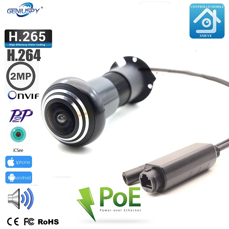 Geniuspy HD 1080P рыбий глаз глазок POE IP камера мини дверь отверстие для Onvif P2P сетевая