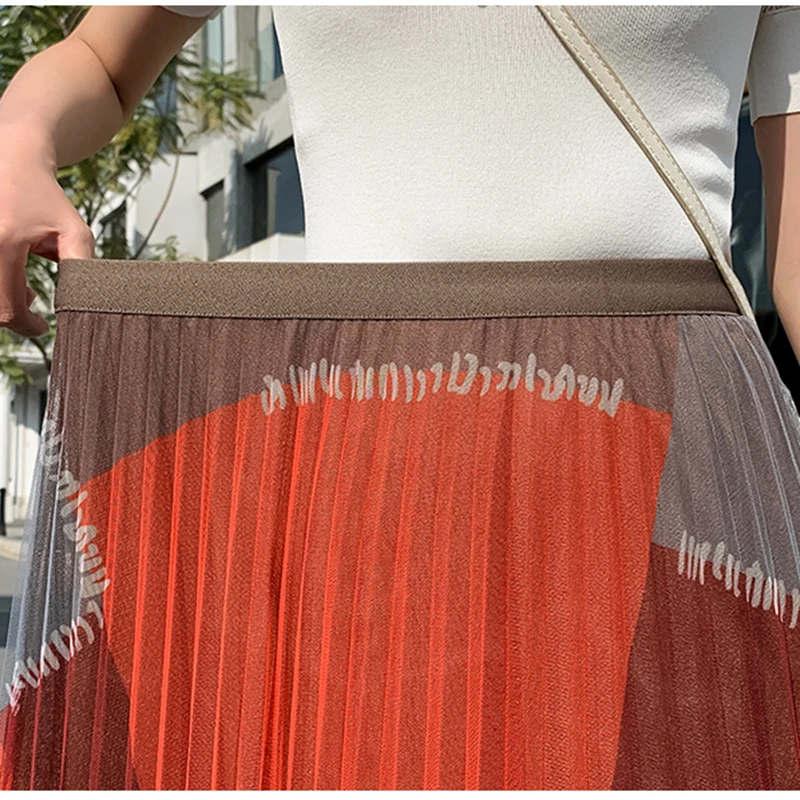 

2021 Spring Summer New Women Mesh Skirt Women's Stitching Irregular Mid-Length Mesh Pleated Skirt Fashion Casual Skirt Female