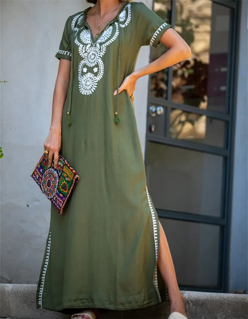 Женское Повседневное платье с коротким рукавом синее длинное v образным вырезом