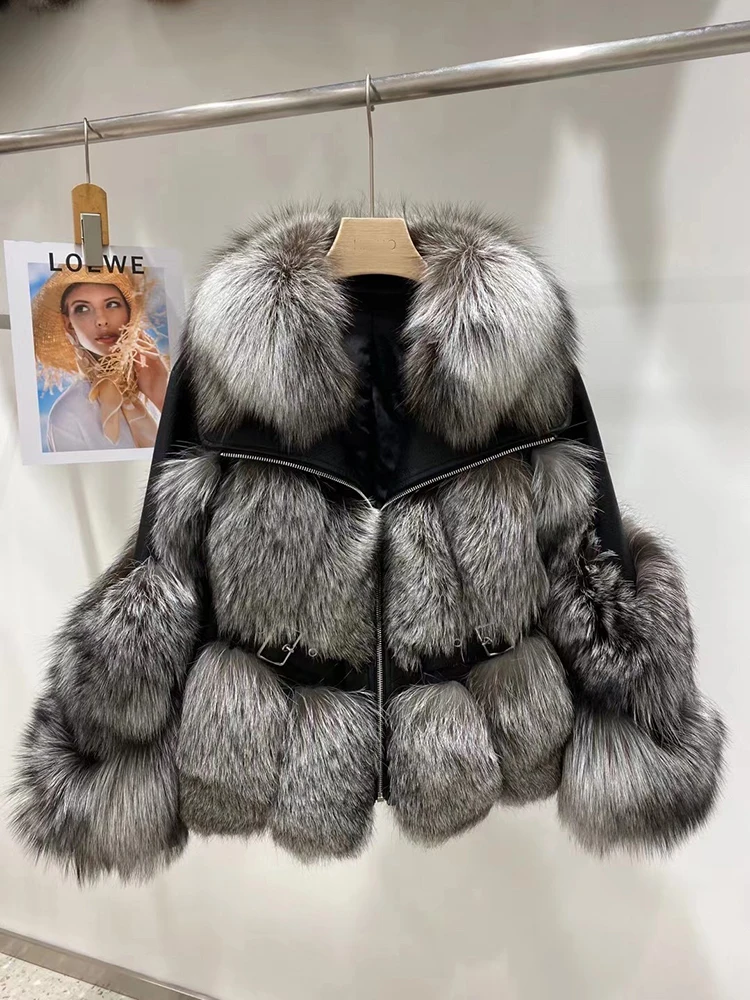 2021 New Arrival Women's Winter Warm Natural Real Fox Fur Collar Fox Fur Body Genuine Leather Short Slim Jackets