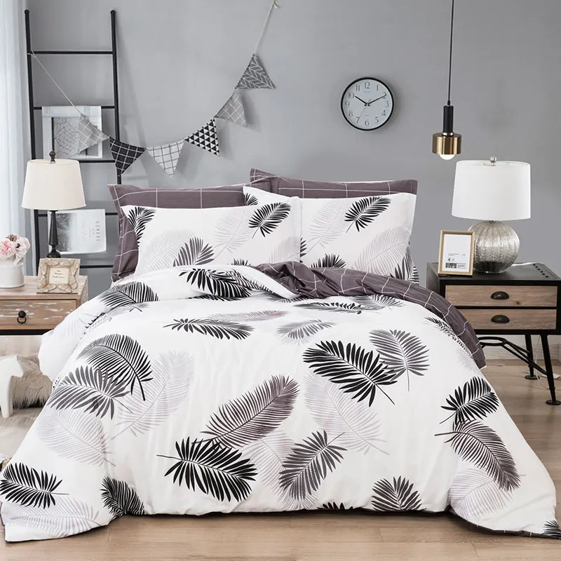 

Brief Nordic grey Leaves Pattern Bedding Sets 3pcs Soft Comfortable Family Set white Duvet Cover Pillowcase Bed Linings