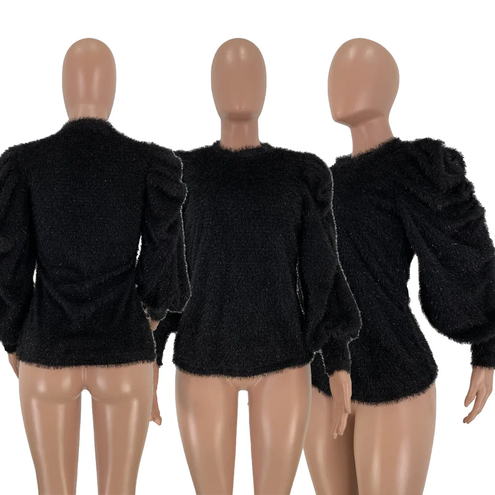 Повседневный женский свитер плиссированный пуловер с пышными рукавами и круглым