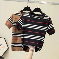 thin slim striped sweater korean pullover 2021 summer ice silk jumper short sleeve knitted sweater women o neck clothes femme