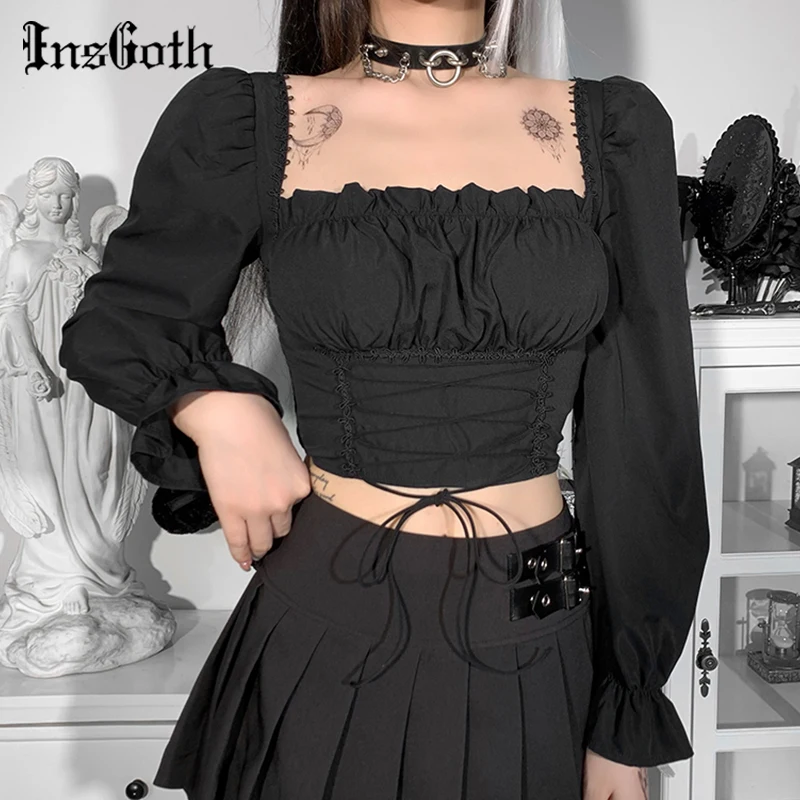 

InsGoth Mall Goth Black Sexy Square Collar Tops Y2K Vintage Lace Up T Shirt Harajuku Punk Women Autumn Long Sleeve Tops Chic