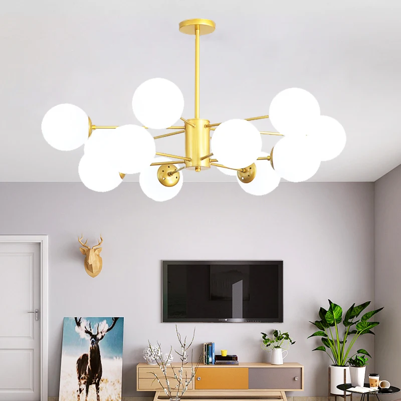 Arañas LED de vidrio blanco, Metal dorado y negro, sala de estar, restaurante, accesorios de iluminación, lámpara nórdica E27 110/220V