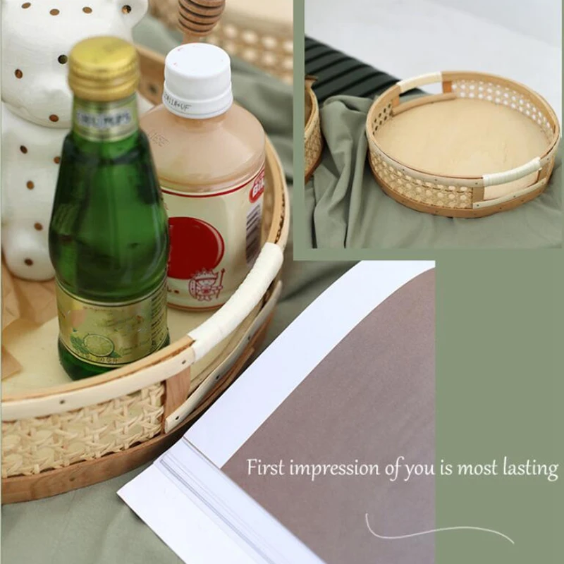 

Rattan Serving Tray Round Dessert Plate Picnic Desserts Fruit Display Organizer Platter Home Table Kitchen Decor