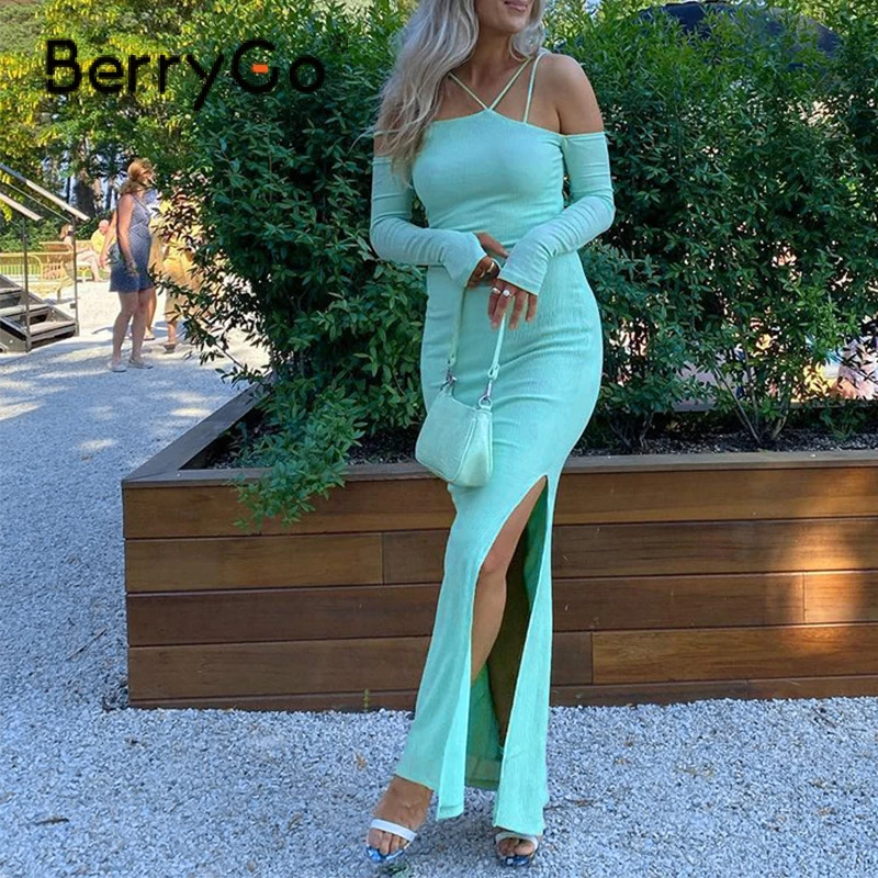 

BerryGo Sexy spaghetti strap off shoulder dresss women 2021 Autumn long sleeves high slit dress Skinny solid color vestidoss