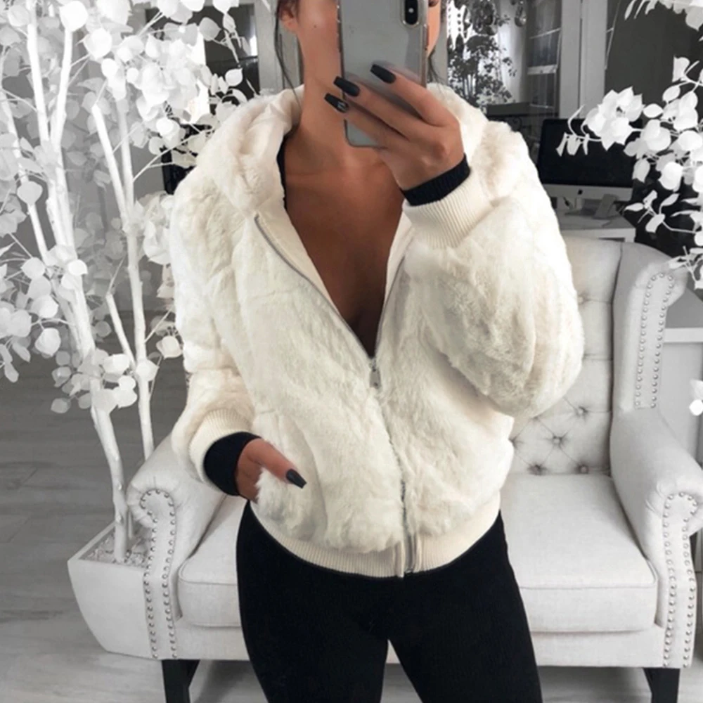 white 1 Женское пальто из искусственного меха с капюшоном, новинка, пальто большого размера с высокой талией, женское приталенное пальто, верхняя одежда, зимние теплые плюшевые куртки, верхняя одежда - Цвет: white 1