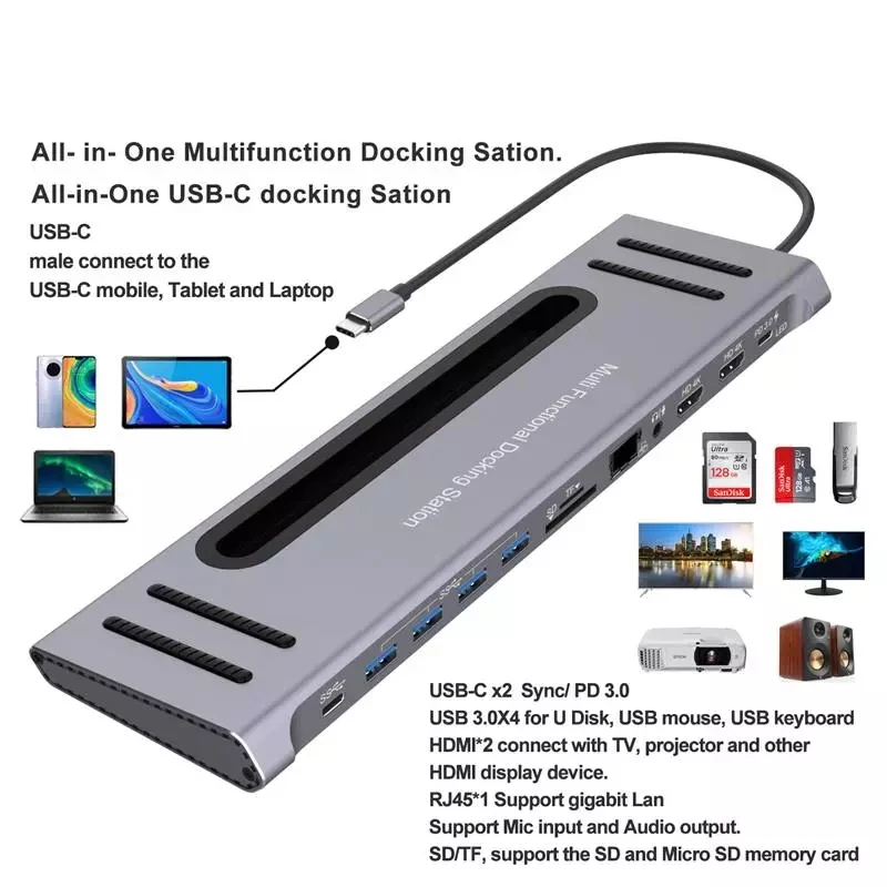

Multi-function 12 In 1 Docking Station Type C Adapter 100W PD3.0 Power RJ45 USB-C Data Transmission 4K Laptop Hub Accessories