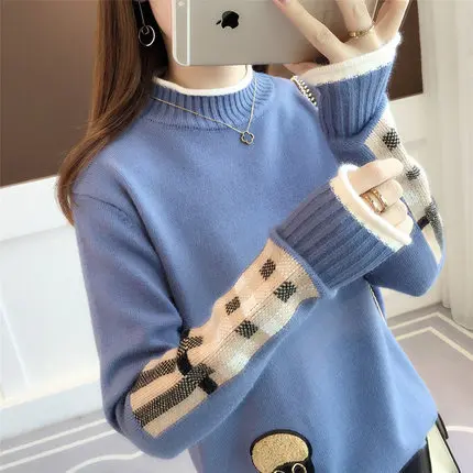 

Autumn and Winter New Semi-turtle Neck Female Cartoon Applique Loose Versatile Pullover Knitted Bottoming Shirt