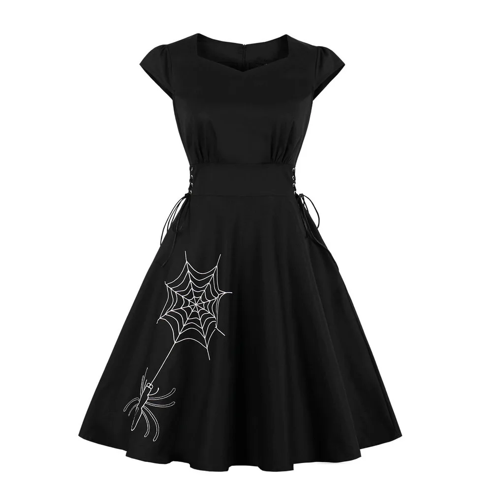 

Women Lace Up Punk Party Dresses Halloween Spider Embroidery Dress Bowknot Self Black Gothic Dress Clothing Swing Vestidos 2020