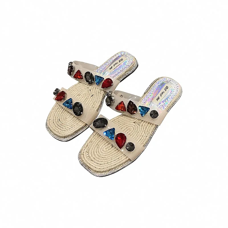 

Straw Linen Gemstone Rhinestone Flat Shoes Fisherman Women's Slippers Outer Wear Beach Slippers Transparent Latex Sequins Slides