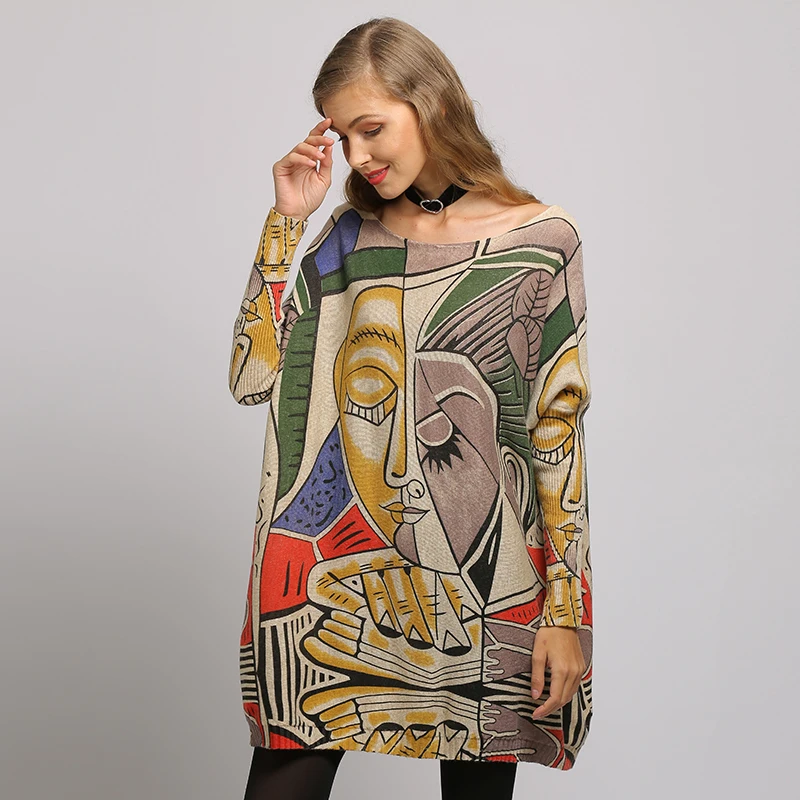 Women Oversized Sweater Printed Long Batwing Sleeve Pullovers and Sweaters Womens O Neck Knitted Casual Clothes | Женская одежда