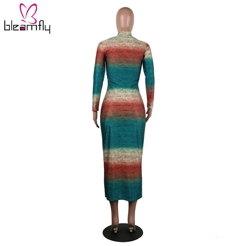 Градиентный цвет полосатый принт с длинным рукавом бодикон Платье женское