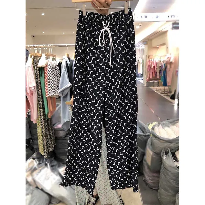 

Summer Pants Woman Moon Pattern Casual Wide Leg Straight Pants Elastic Waist Korean Style Harajuku Pant