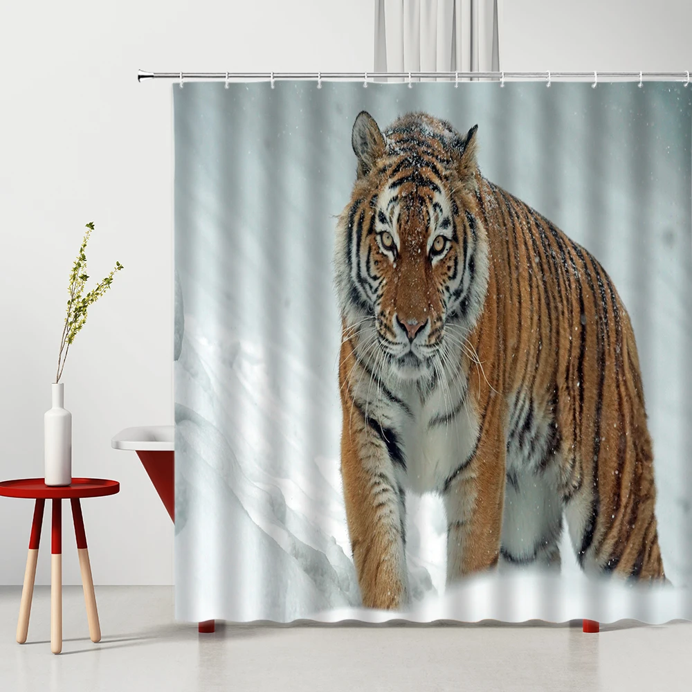 

Wild Animal Shower Curtain Africa Lion Tiger Snow Wolf Tropical Forest Wildlife Pattern Polyester Bathroom Decor Washable Fabric