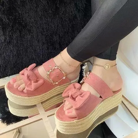 

Shoes Butterfly-Knot Slippers Heels Slides Platform Slipers Women Flock High Summer 2021 Flat PU Fabric Fretwork Butterfly-knot