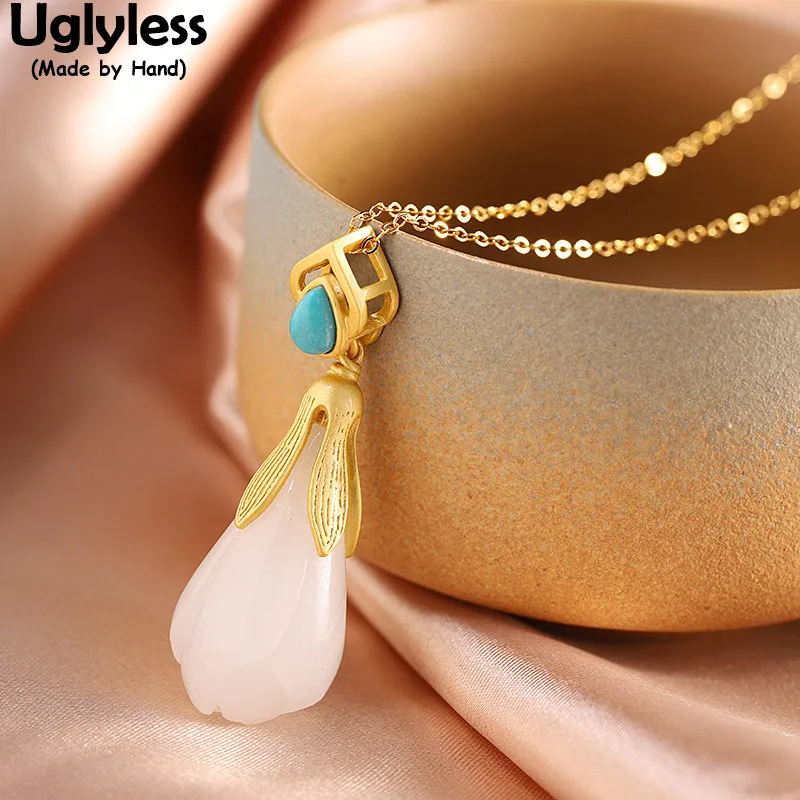 

Uglyless Elegant Magnolia Flower Necklaces for Women Natural Jade Floral Pendants + Chains 925 Silver Turquoise Bohemia Jewelry