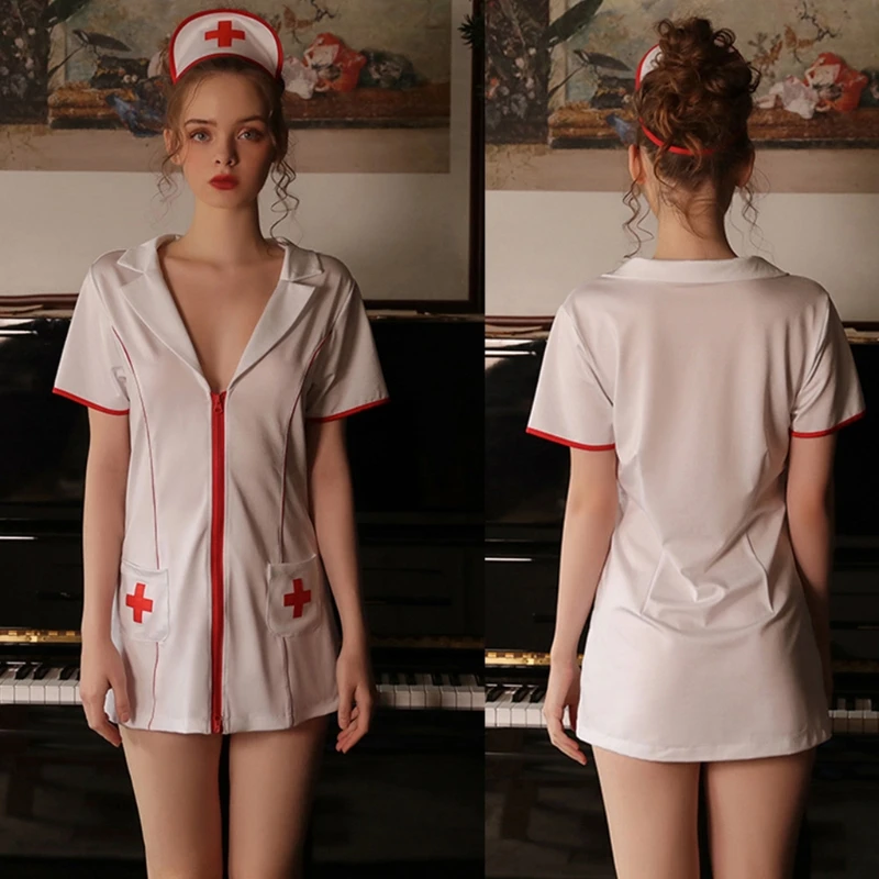 

Women Sexy Red Cross Nurse Cosplay Lingerie Set Short Sleeve V-Neck Zip Front Underwear Dress with Panty Headpiece Roleplay Unif