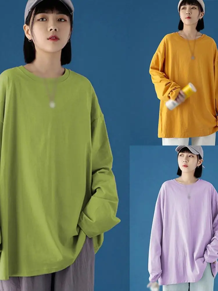 

2021 Autumn New Ladies Korean Candy Color T-Shirt Tops Solid Color Round Neck Inner Bottoming Shirt Casual Long Sleeves