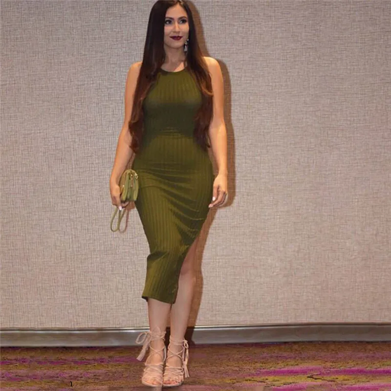 

Пикантный топик сбоку Разделение миди платье женские вечерние Клубные без рукавов из хлопка, одноцветные платья длиной 2021 модные летние ул...