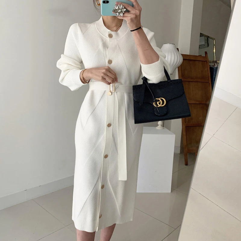 

Элегантное однобортное женское платье-свитер с О-образным вырезом, вязаное платье средней длины в офисном стиле с длинным рукавом и поясом ...