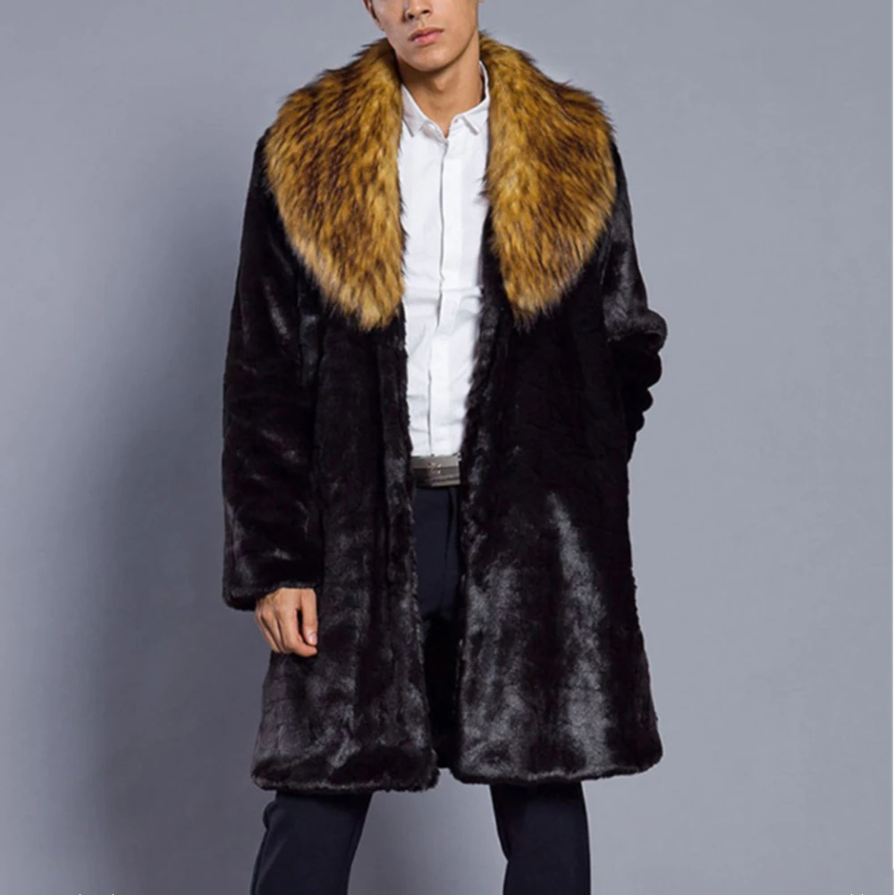Men's Winter Parka Outwear Thick Warm Long Sleeve Lapel Faux Fur Coat Faux Mink Fur Long Jacket Mens Overcoat