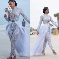 plus size jumpsuits wedding dresses bridal gowns high neck beading long sleeve bride wear with detachable train 2022