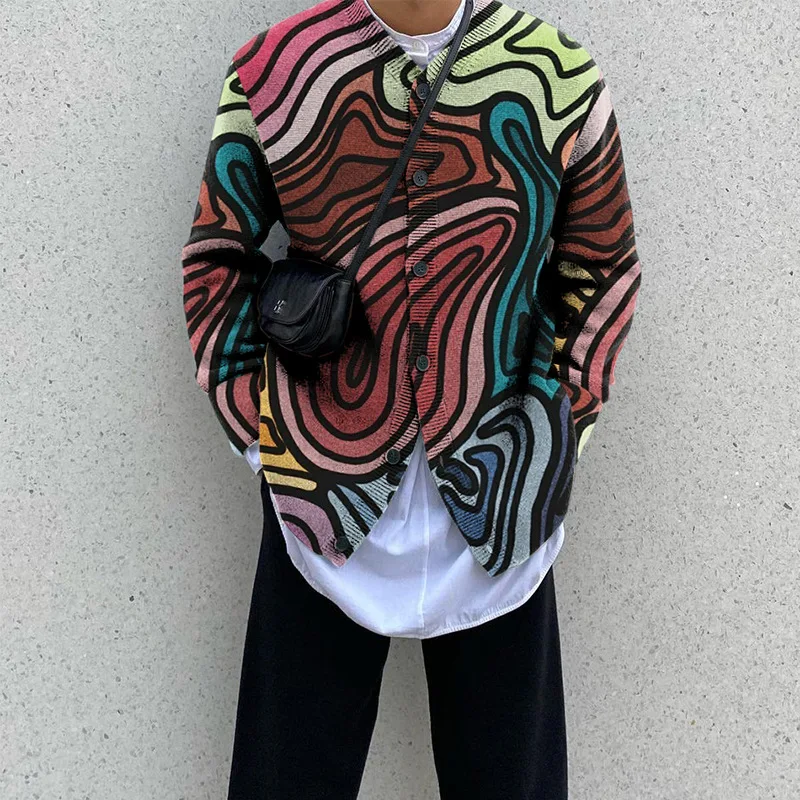 

Мужская Трикотажная куртка, Повседневная Уличная одежда с длинным рукавом, с винтажным принтом, весна-осень 2021, кардиган с пуговицами