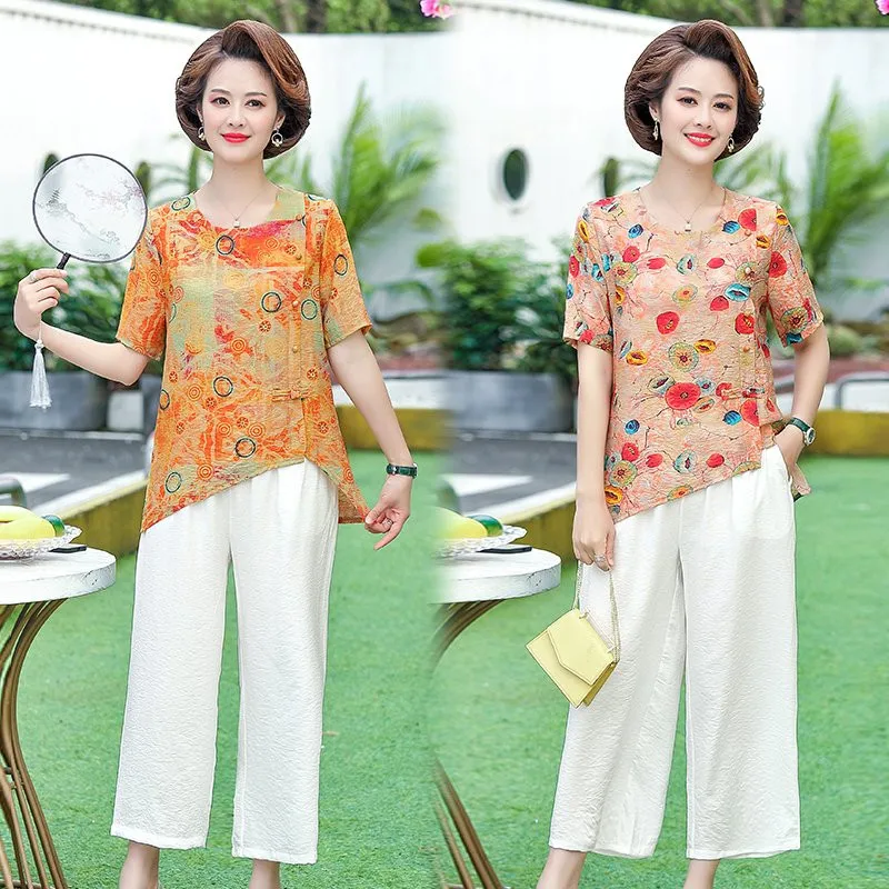 

Traditional Chinese Clothing for Women Top Irregular Dress Summer Plus Size Pants Loose Wide Trousers Blouse Woman Set