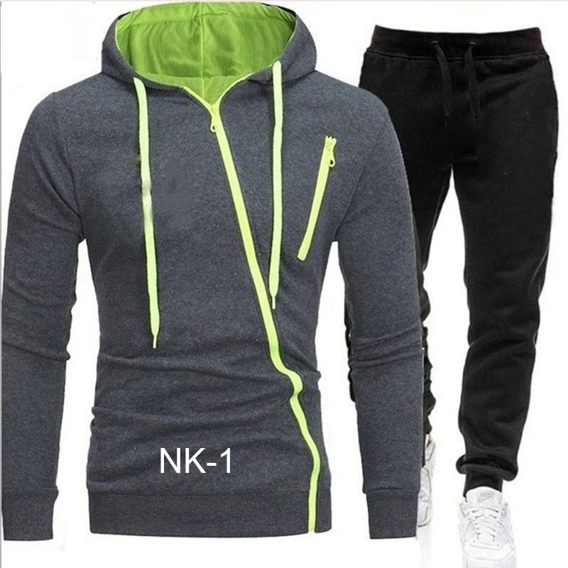 

Men's Solid Color Printed Diagonal Zipper Hoodie And Two-Piece Trousers Spring And Autumn Men's Casual Tracksuit Set