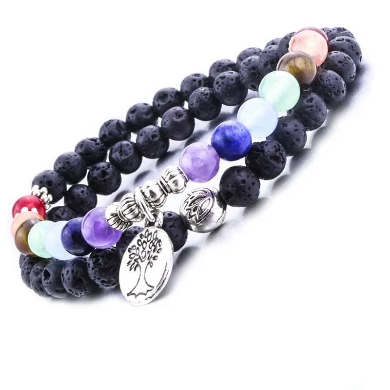 WIW 6 мм лавовый камень проложить 7 Чакра браслет из черной лавы Исцеление баланс