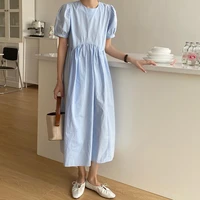 vintage lantern sleeves irregular pleated high quality 2021 casual summer solid women all match stylish long dress puff sleeve