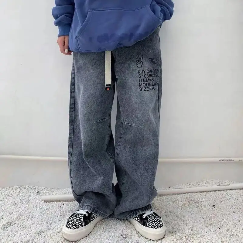 

High street jeans men oversized cargo wide-leg pants autumn new Hip hop style vintage casual loose straight fashion streetwear